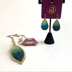 Blue Ombré Druzy Earrings and Necklace Set, NWT
